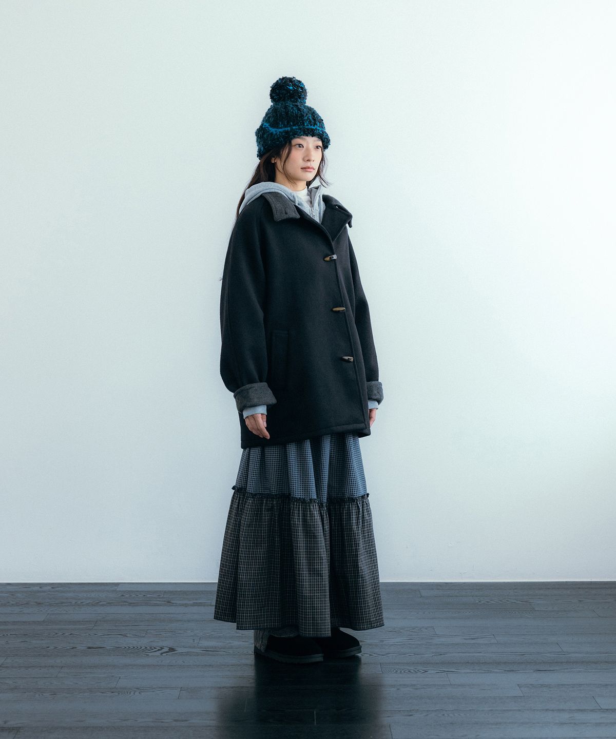 이요우아(IYOWUAH) Wool Blend Duffle Half Coat, Black