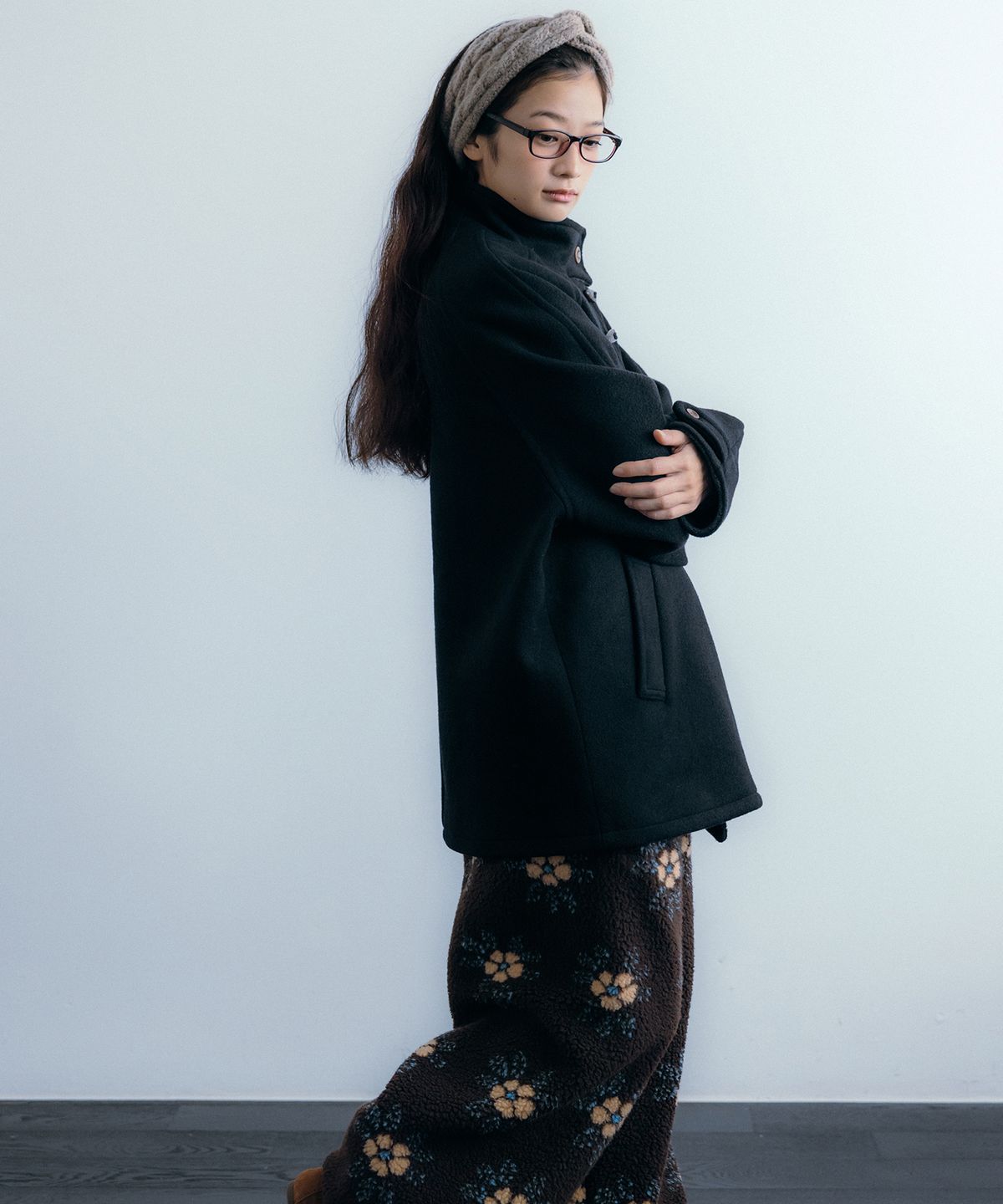 이요우아(IYOWUAH) Wool Blend Duffle Half Coat, Black