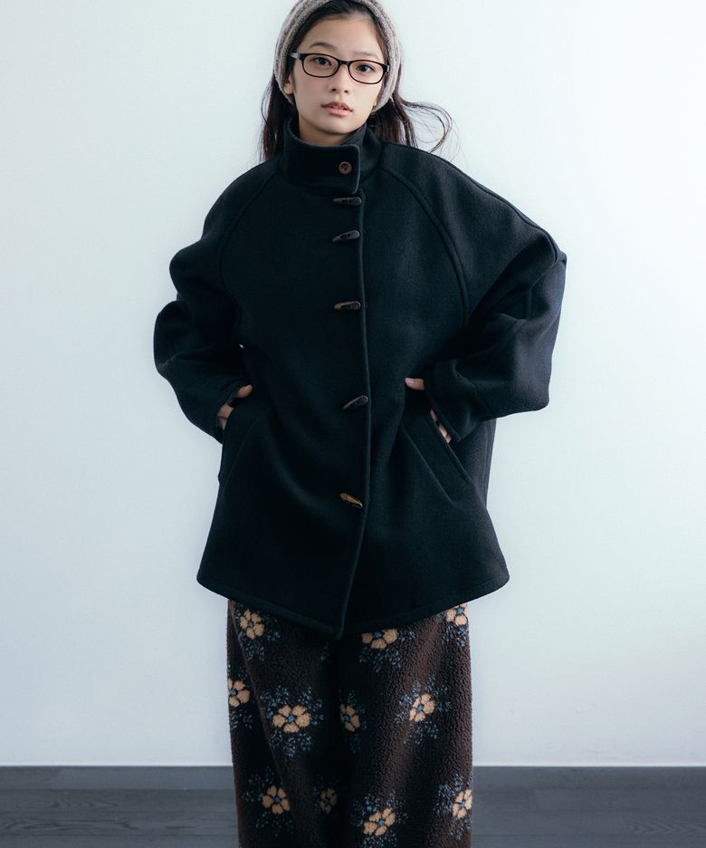 Wool Blend Duffle Half Coat, Black