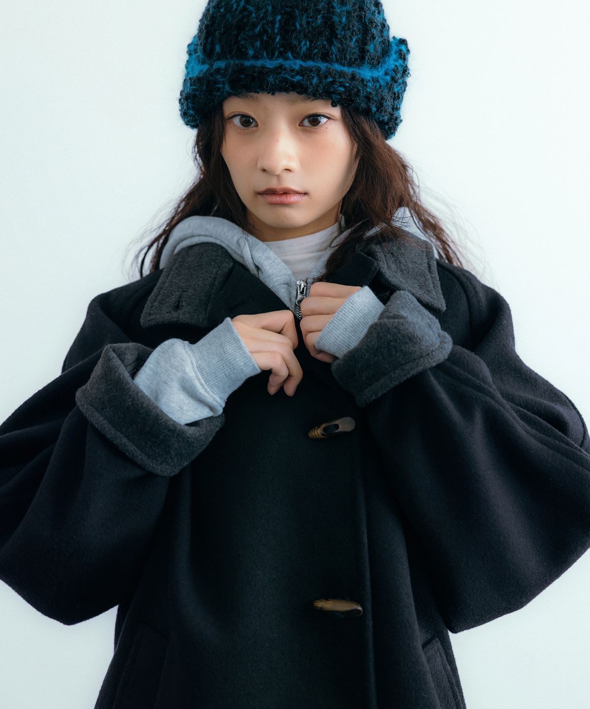 이요우아(IYOWUAH) Wool Blend Duffle Half Coat, Black