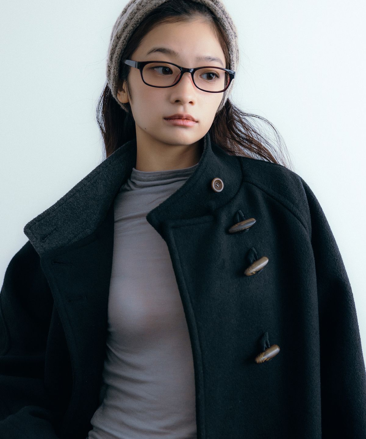 이요우아(IYOWUAH) Wool Blend Duffle Half Coat, Black