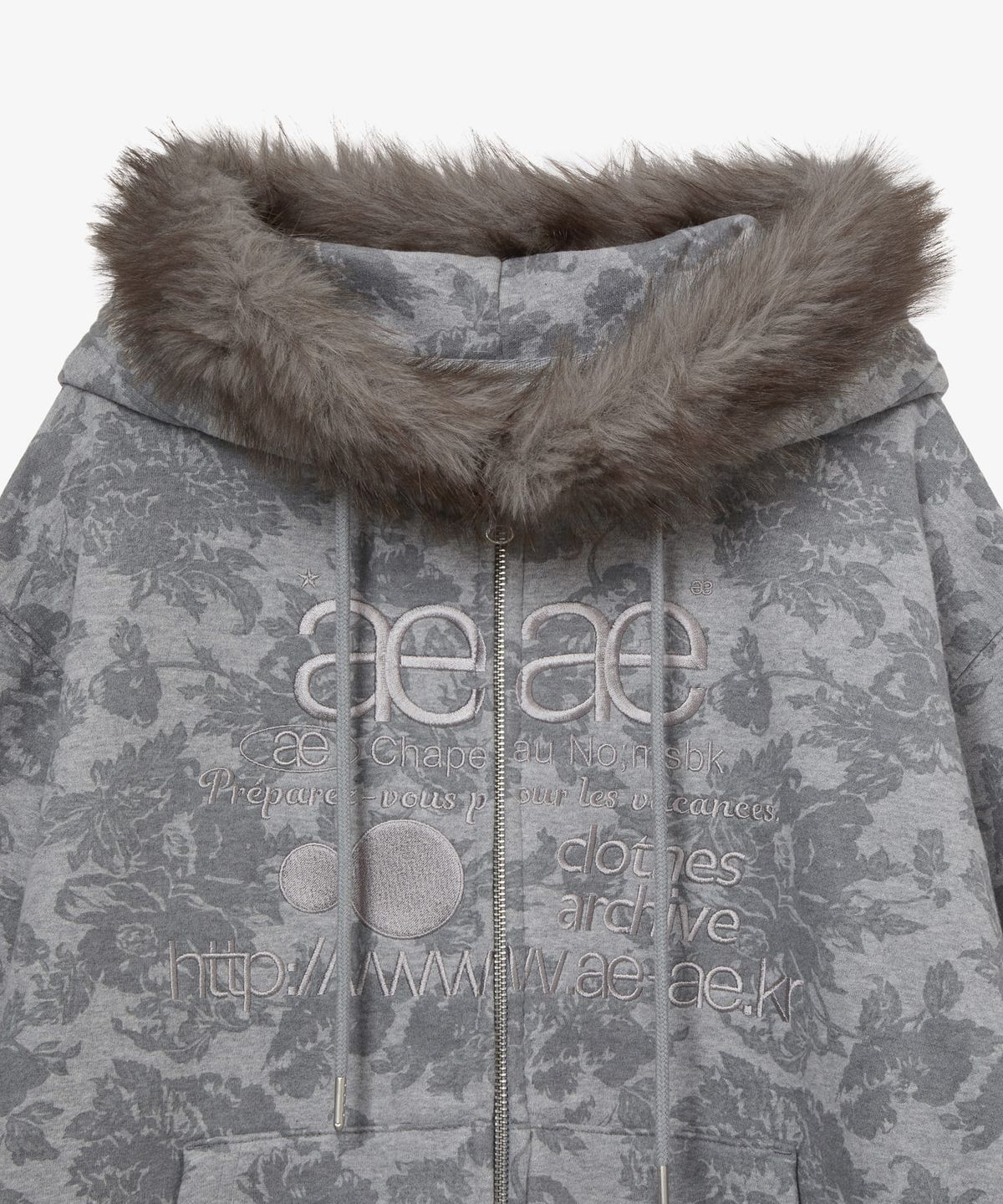 에이이에이이(AEAE) WEB LOGO FUR HOOD ZIP UP [GREY]