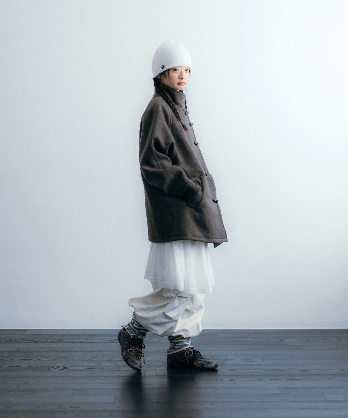 이요우아(IYOWUAH) Wool Blend Duffle Half Coat, Brown