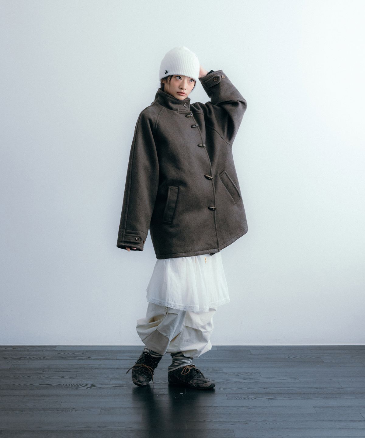 이요우아(IYOWUAH) Wool Blend Duffle Half Coat, Brown