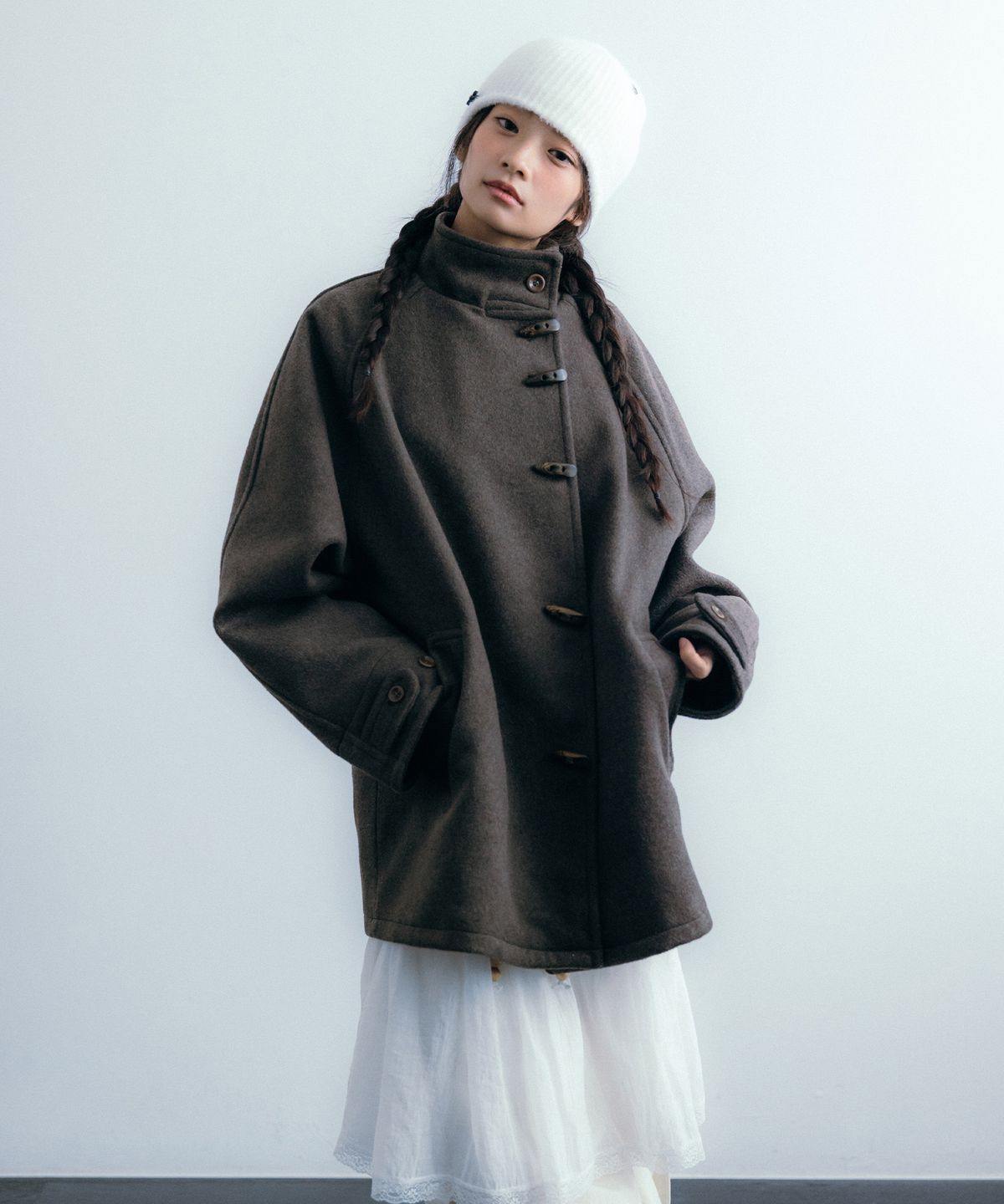 이요우아(IYOWUAH) Wool Blend Duffle Half Coat, Brown