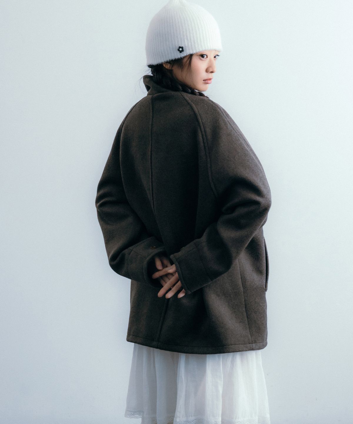 이요우아(IYOWUAH) Wool Blend Duffle Half Coat, Brown