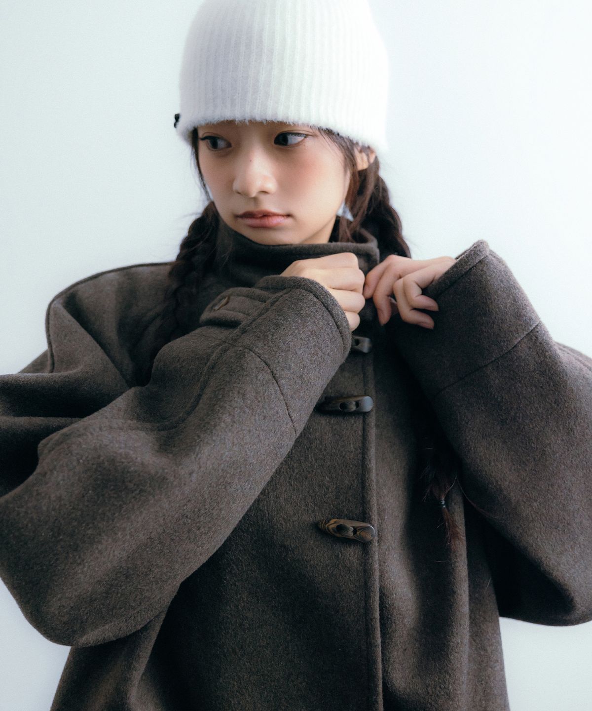 이요우아(IYOWUAH) Wool Blend Duffle Half Coat, Brown