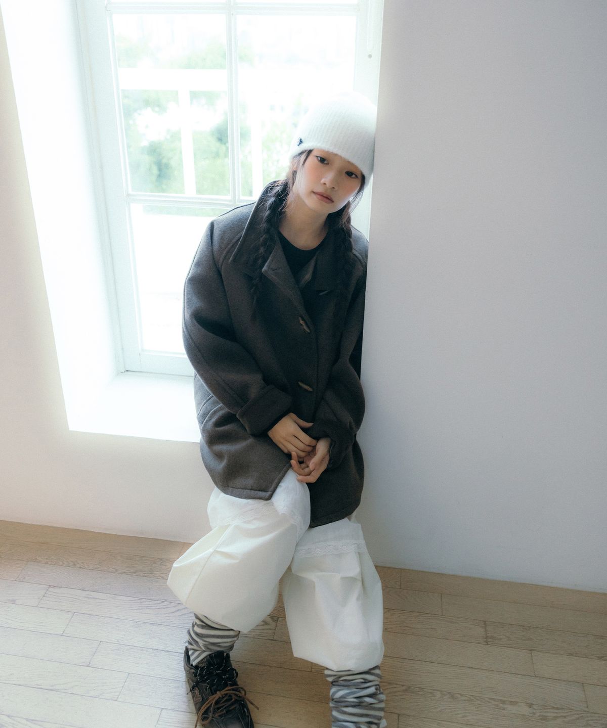 이요우아(IYOWUAH) Wool Blend Duffle Half Coat, Brown