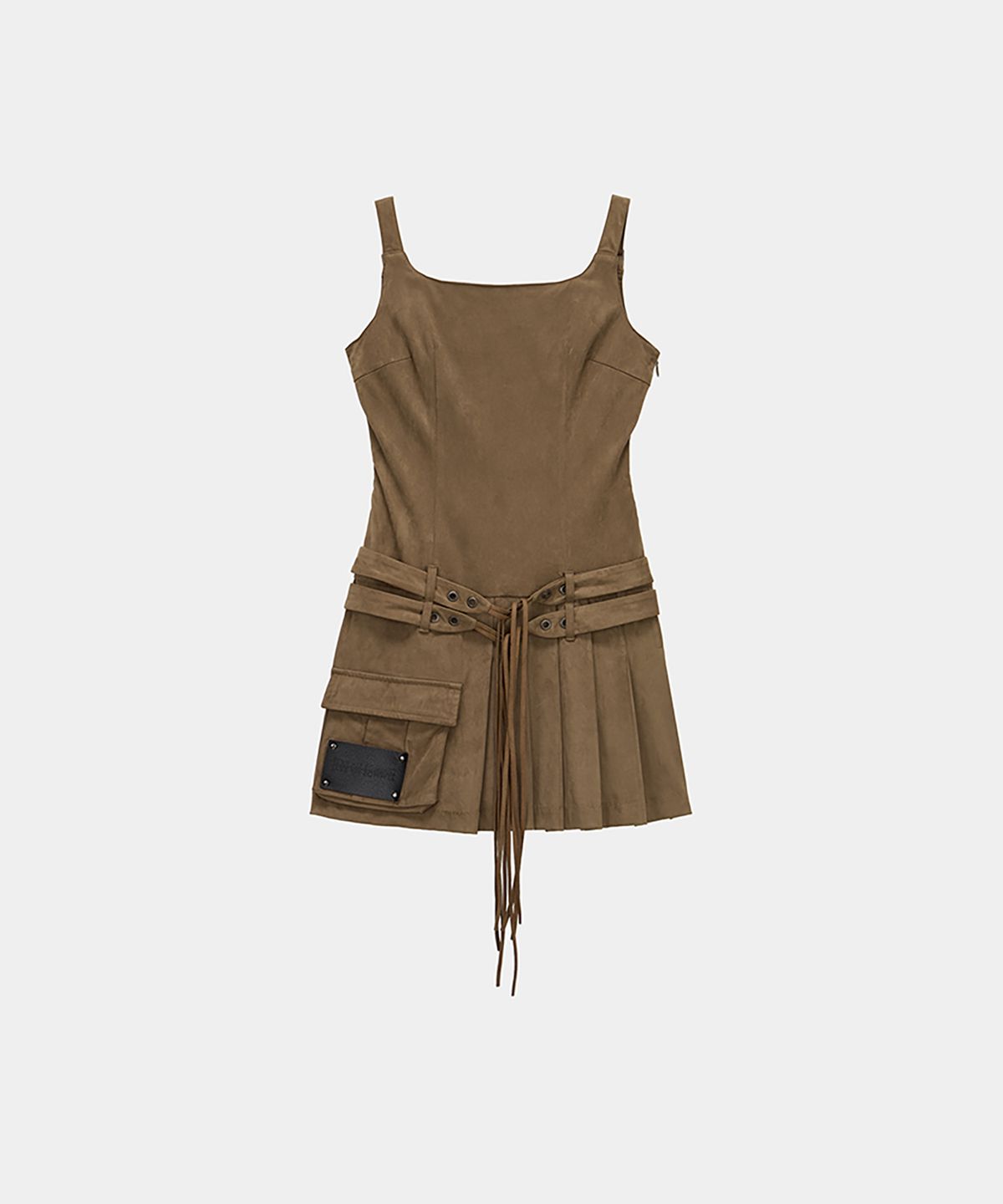 에트오소메(ETRE AU SOMMET) Cargo Belt Pocket Pleated Mini One-Piece (Brown)