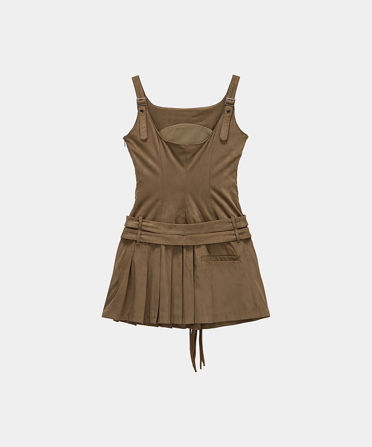 에트오소메(ETRE AU SOMMET) Cargo Belt Pocket Pleated Mini One-Piece (Brown)