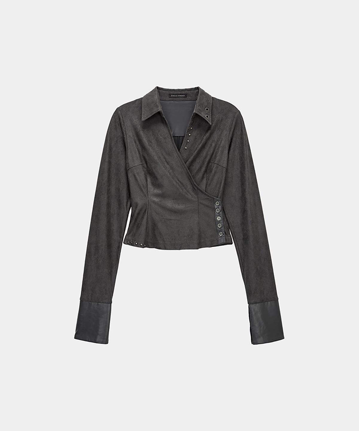 에트오소메(ETRE AU SOMMET) Drape Suede Shirring Blouse (Charcoal)