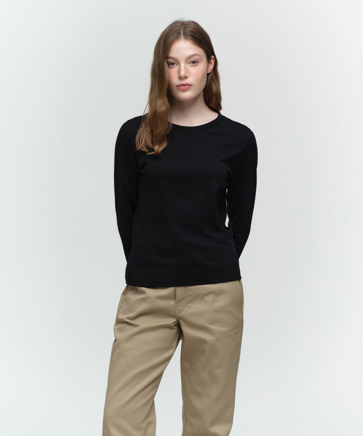 헤인즈(HANES) 쿠로 for HER 크루넥 롱 슬리브 티셔츠 블랙