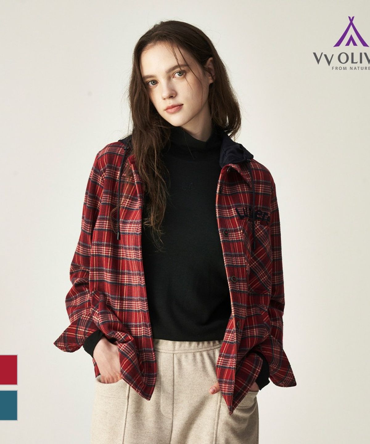 올리비아로렌(OLIVIALAUREN) 배색 후드 멀티체크 셔츠_VVBNL5W9261