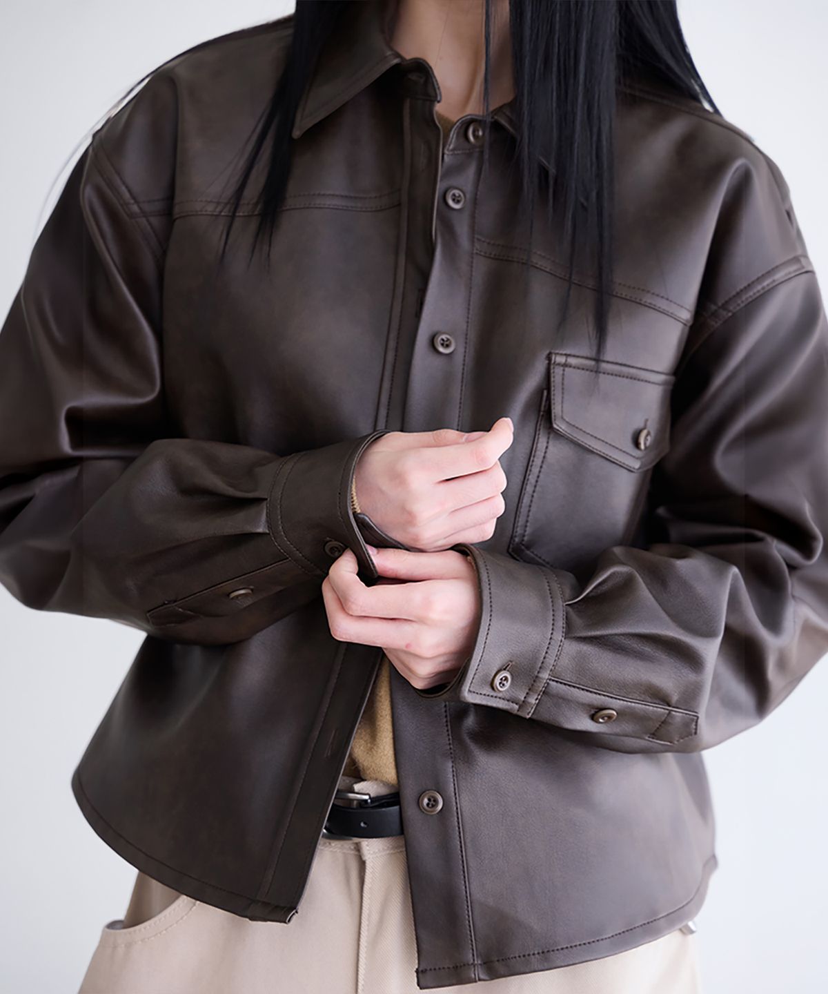 런던다다(LONDONDADA) Faux Leather Shirt Jacket, BROWN