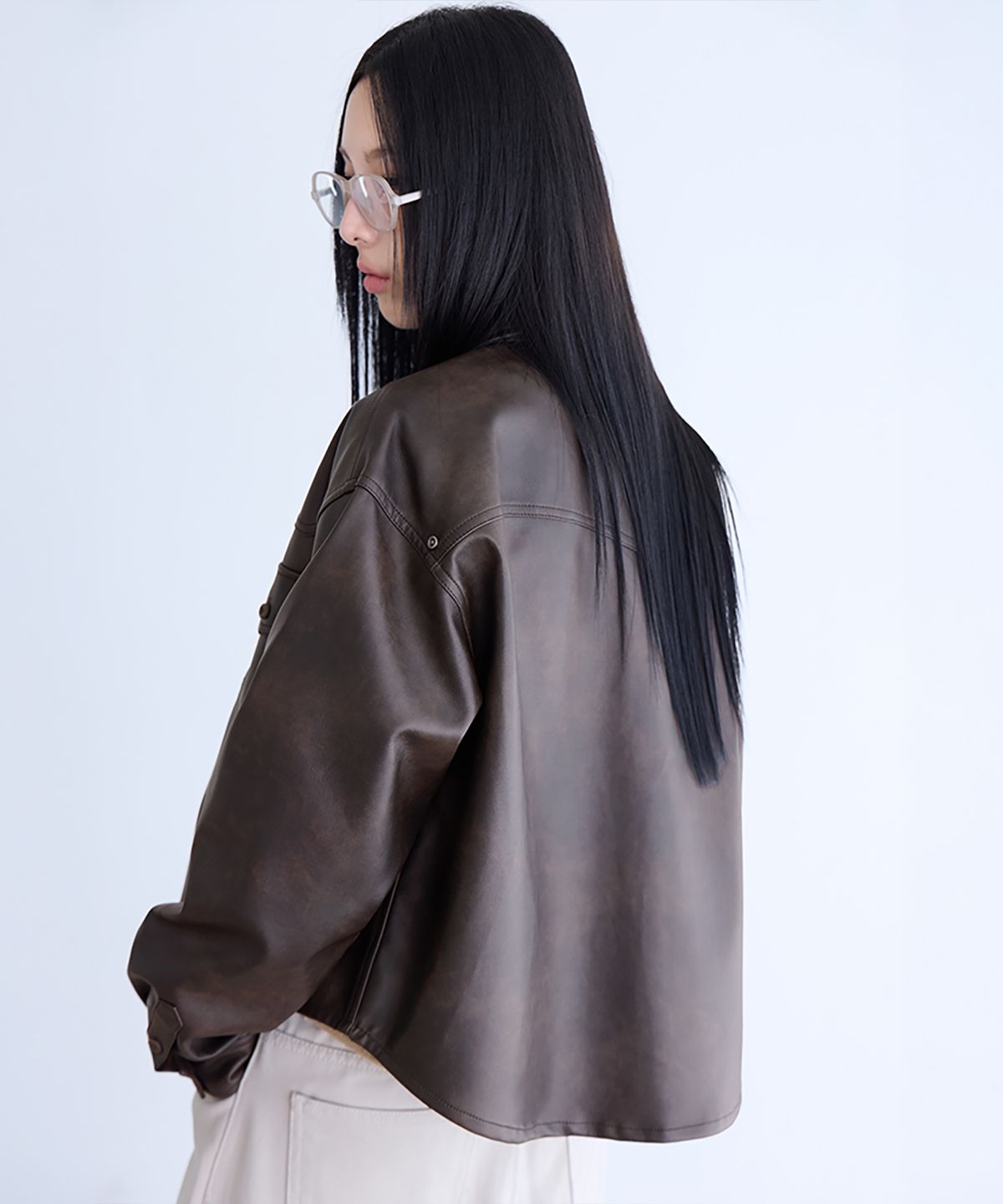 런던다다(LONDONDADA) Faux Leather Shirt Jacket, BROWN