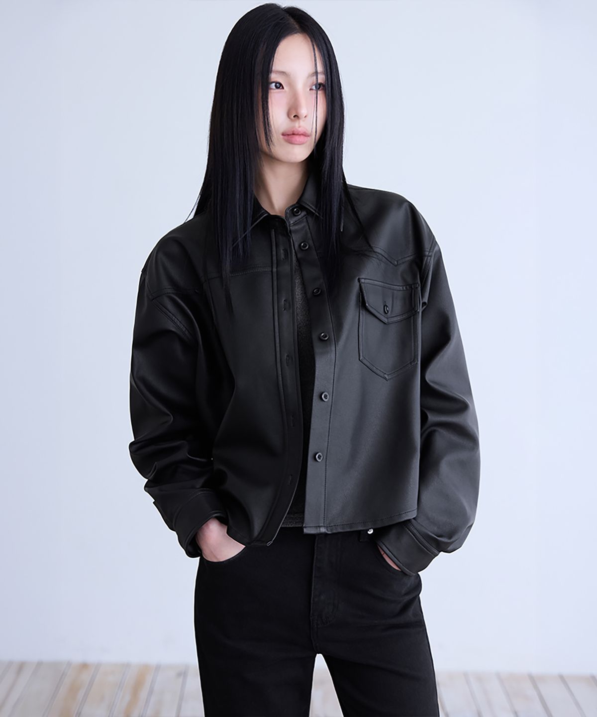 런던다다(LONDONDADA) Faux Leather Shirt Jacket, BLACK