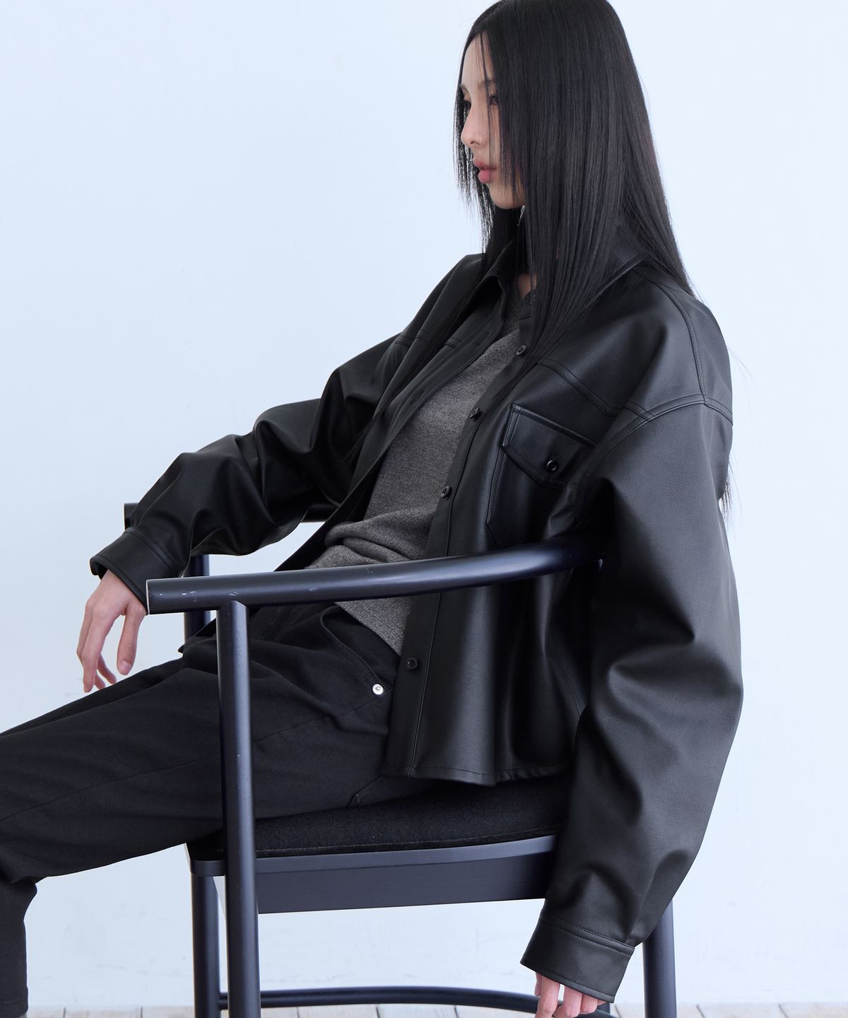 런던다다(LONDONDADA) Faux Leather Shirt Jacket, BLACK