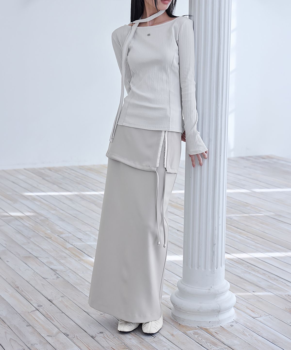런던다다(LONDONDADA) Hook & Eye Layered Long Skirt, OATMEAL
