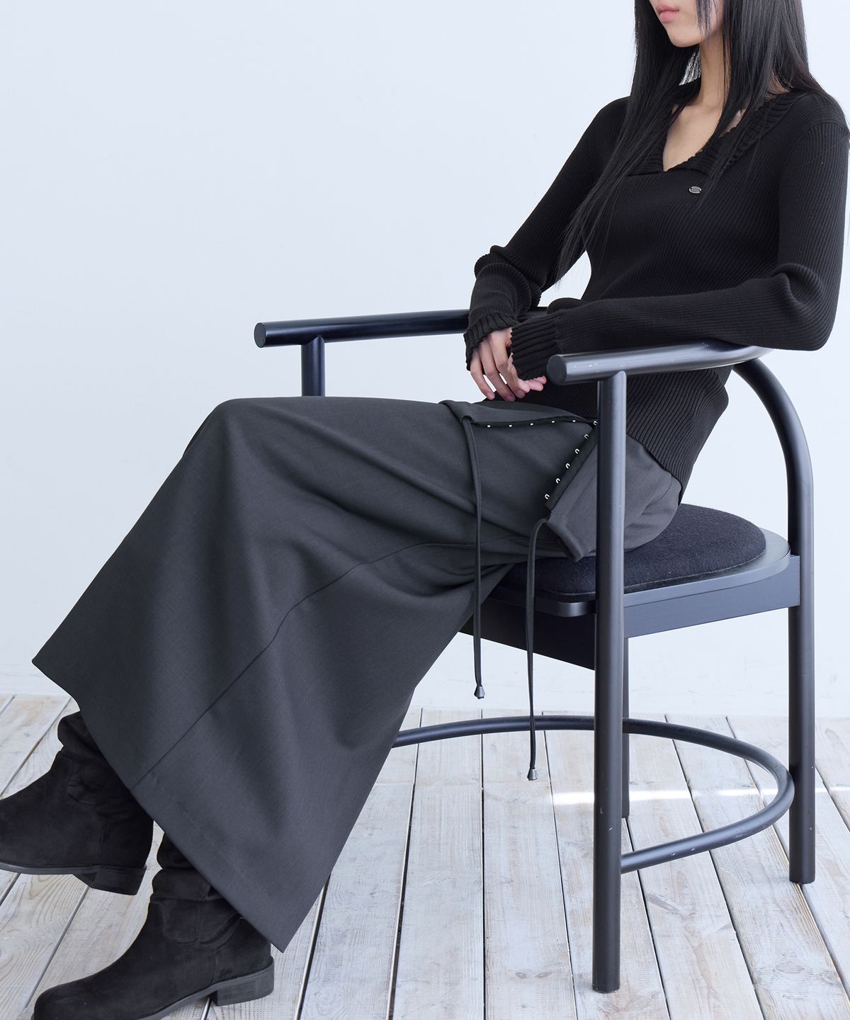 런던다다(LONDONDADA) Hook & Eye Layered Long Skirt, CHARCOAL
