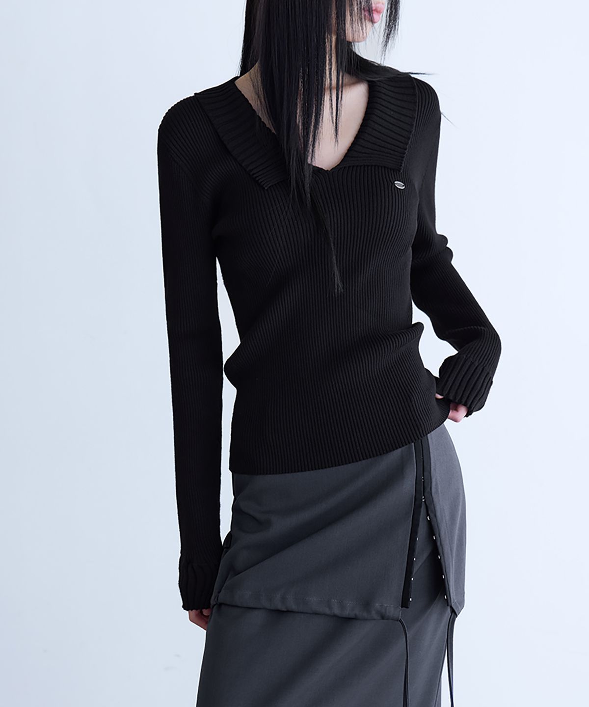 런던다다(LONDONDADA) Open Collar Rib Knit Top, 2colors