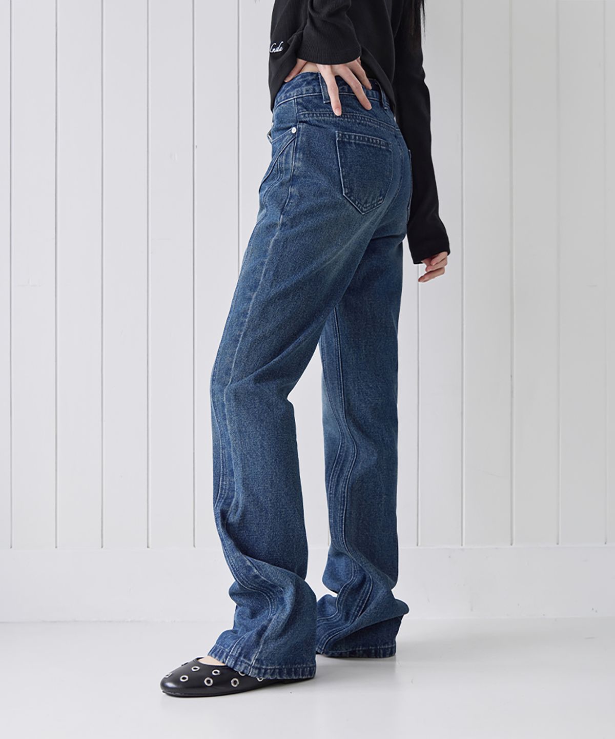 런던다다(LONDONDADA) Paneled Slim Flare Jeans,  BLUE