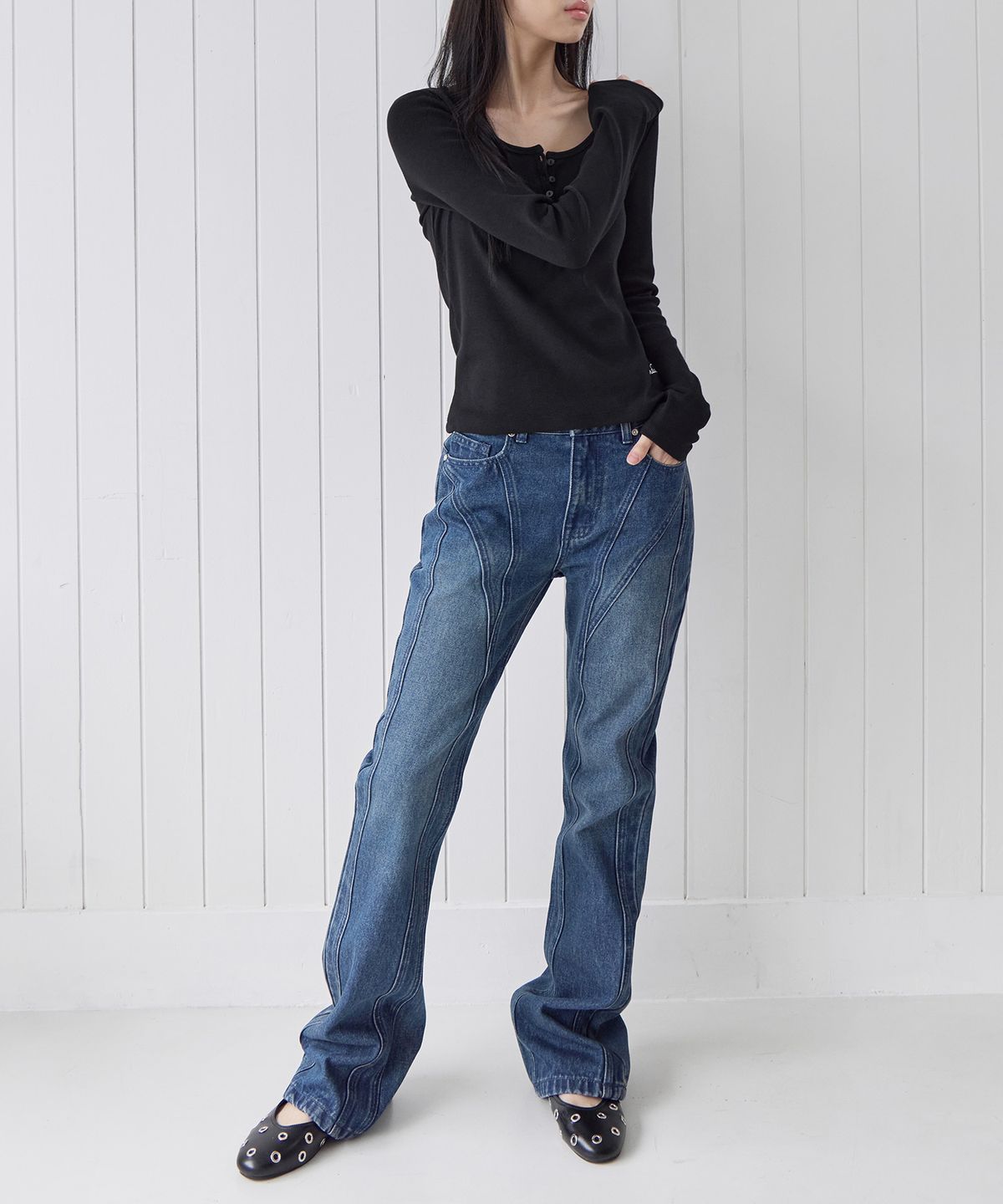런던다다(LONDONDADA) Paneled Slim Flare Jeans,  BLUE