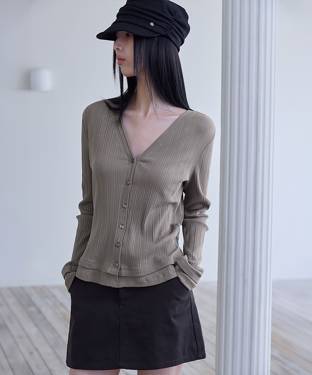 런던다다(LONDONDADA) Pleated Layered Slim Cardigan, COCOA