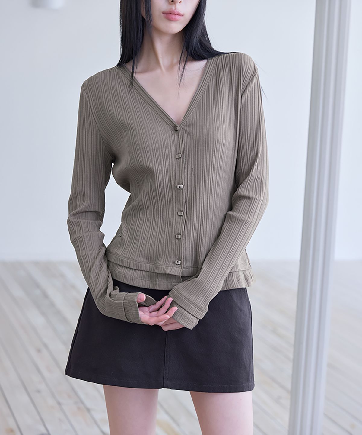 런던다다(LONDONDADA) Pleated Layered Slim Cardigan, COCOA
