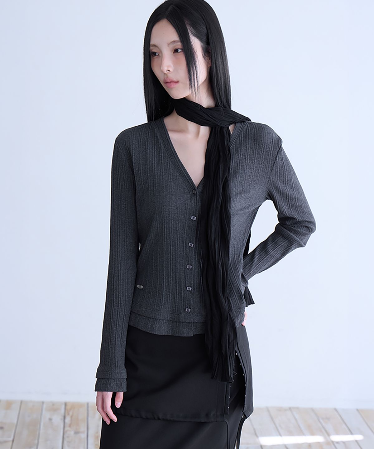 런던다다(LONDONDADA) Pleated Layered Slim Cardigan, D.CHARCOAL