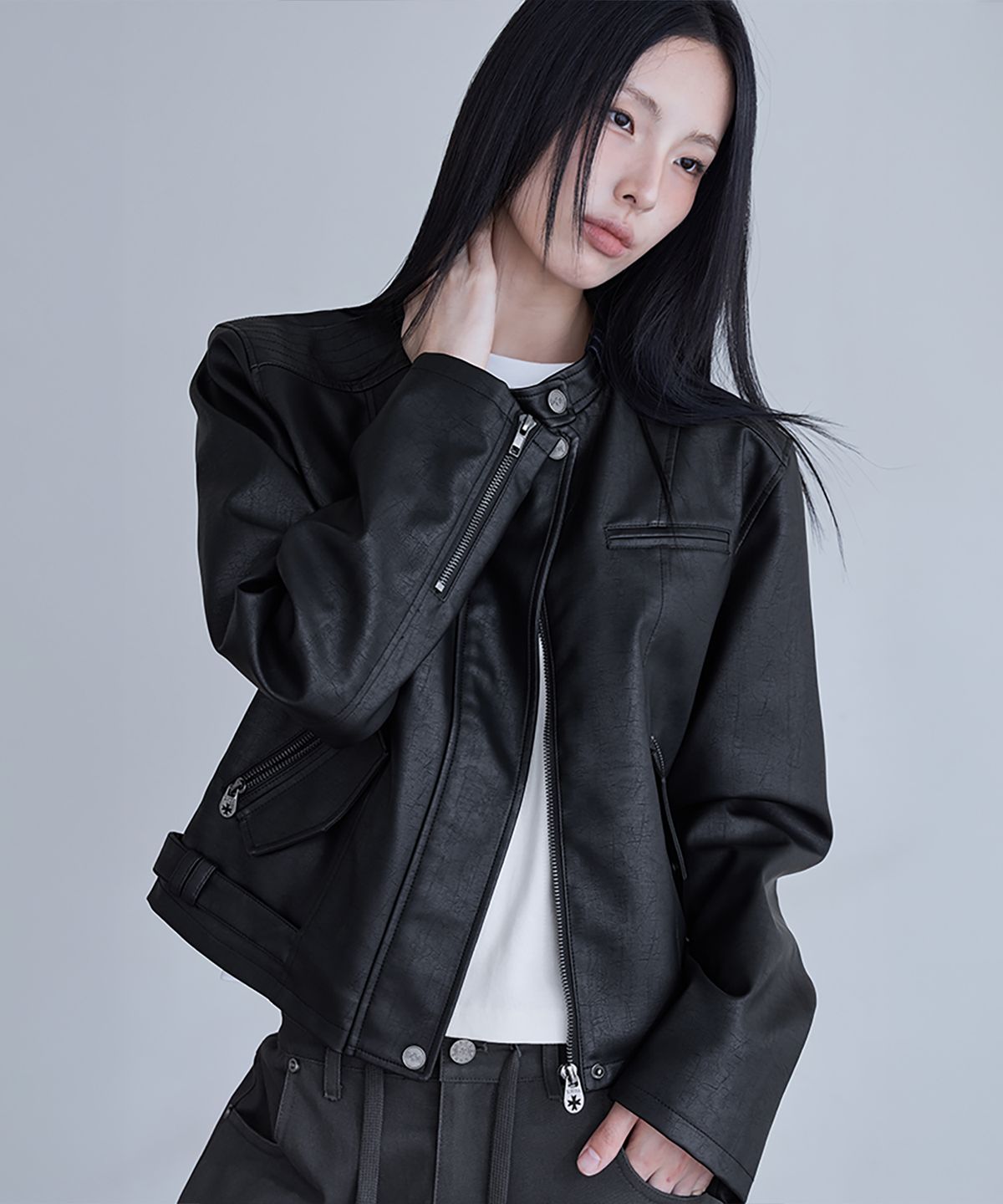 런던다다(LONDONDADA) Regular-Fit Faux Leather Single Rider Jacket, BLACK