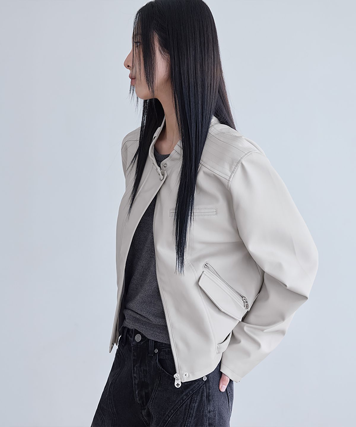 런던다다(LONDONDADA) Regular-Fit Faux Leather Single Rider Jacket, GREIGE
