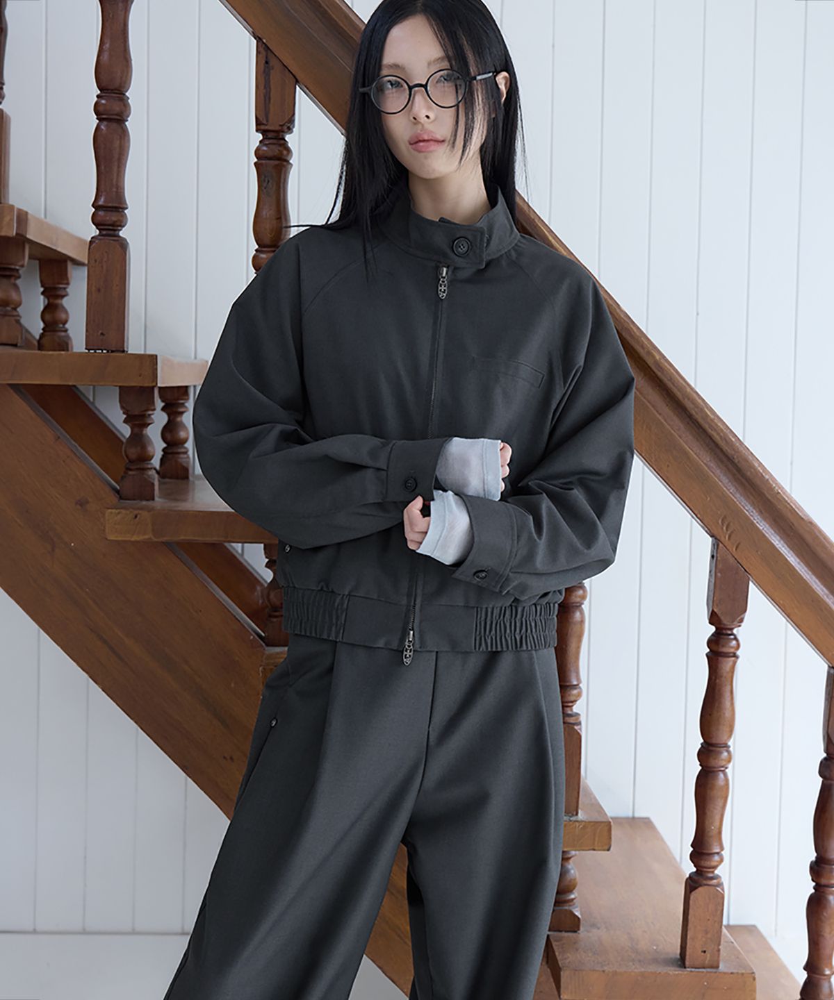 런던다다(LONDONDADA) [SET-UP] Urban Half-Neck Harrington Jumper, CHARCOAL