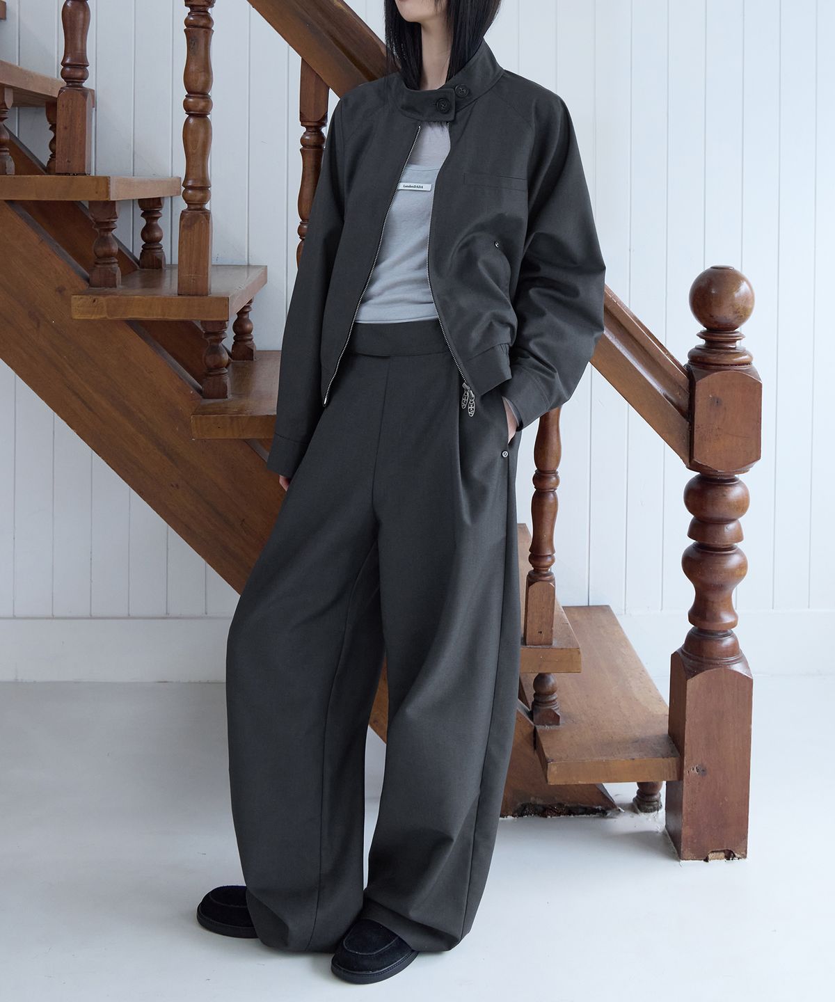 런던다다(LONDONDADA) [SET-UP] Urban Semi-Wide Wrap Belt Slacks,  CHARCOAL