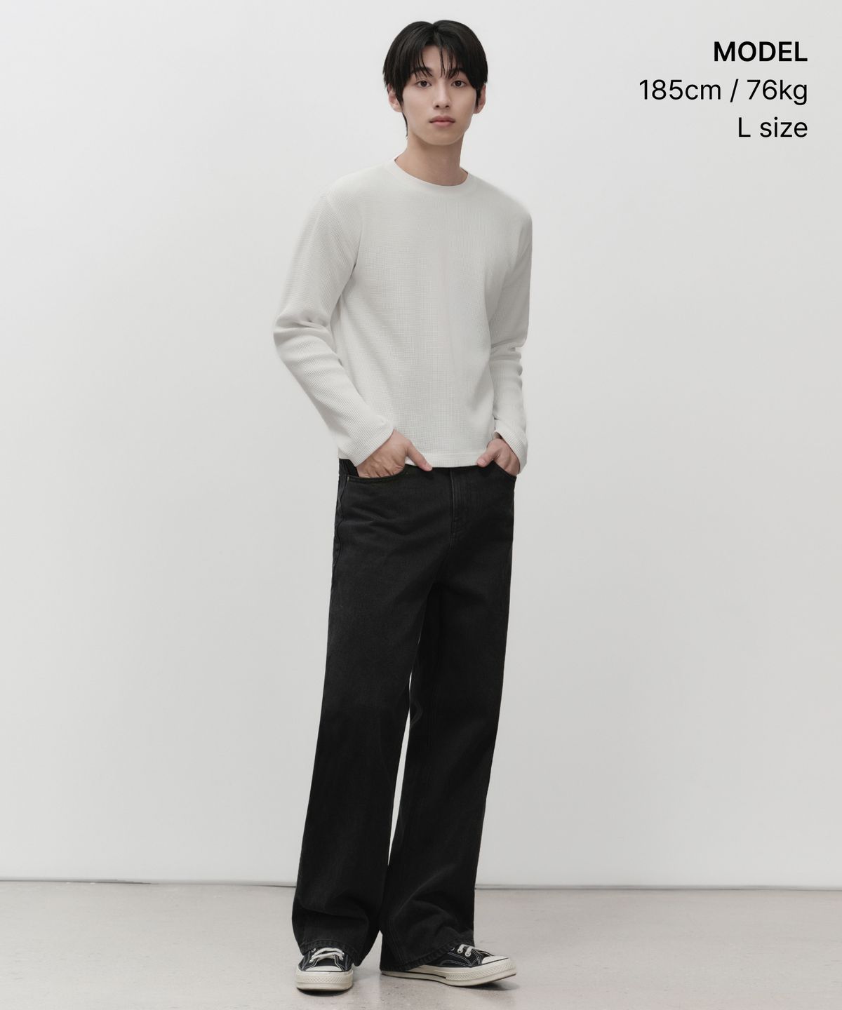 무신사 스탠다드(MUSINSA STANDARD) 와플 크롭 크루 넥 긴소매 티셔츠 [아이보리]