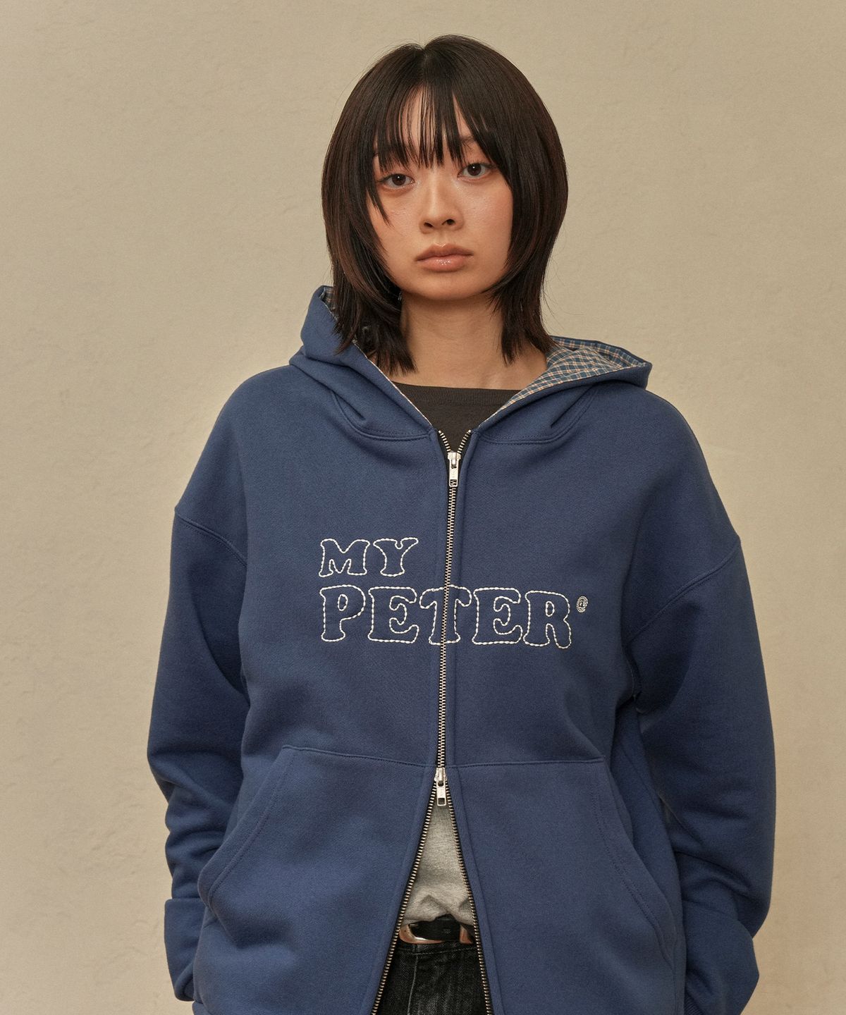 마이네임이즈피터(MYNAMEISPETER) PETER LOGO CHECK ZIP HOODIE - WASHED NAVY
