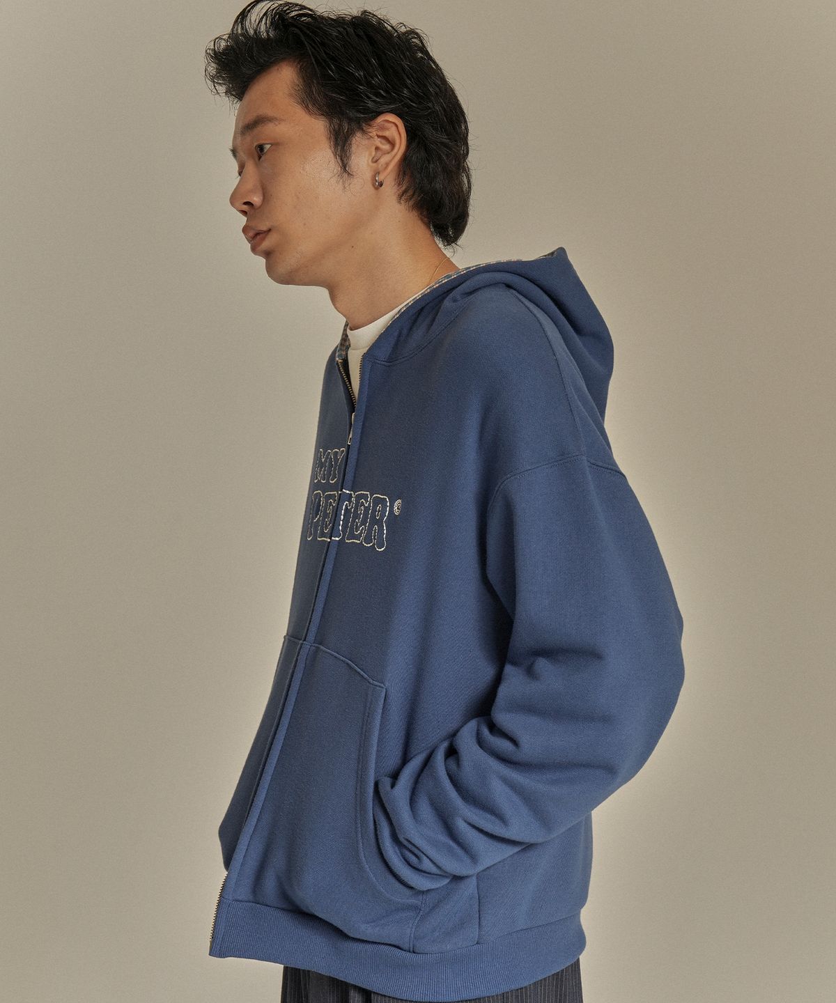 마이네임이즈피터(MYNAMEISPETER) PETER LOGO CHECK ZIP HOODIE - WASHED NAVY