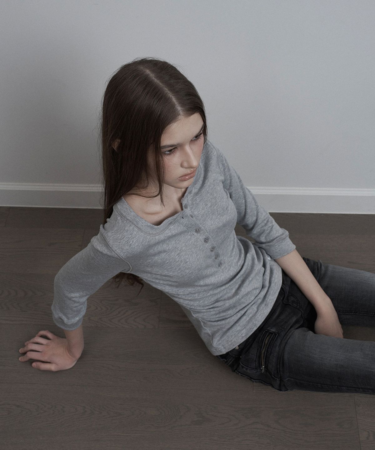 이네기(INEGI) Henley Neck 3/4 Sleeve (grey)
