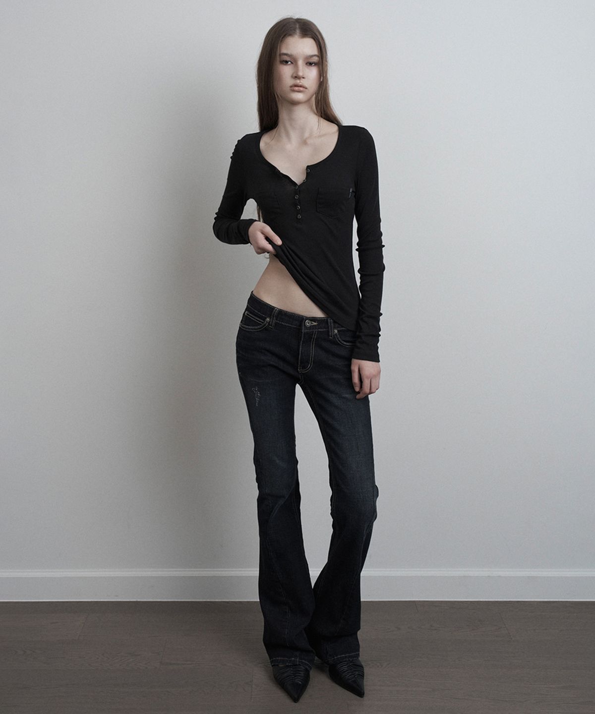 이네기(INEGI) Double Pocket Button Long Sleeve (black)