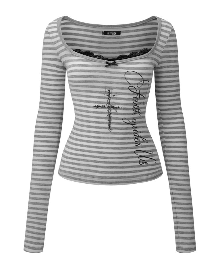 DOLLY LACE LONG SLEEVE TOP, GRAY-STRIPE