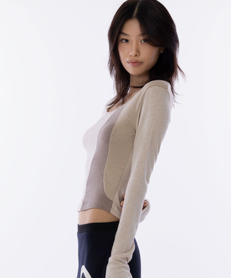 Soft Curved Colorblock Longsleeve Tee [Beige]