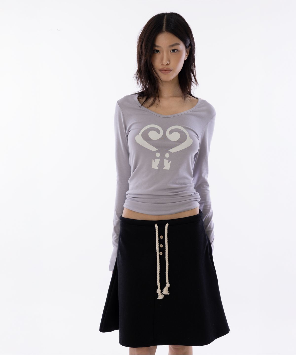 라이라이(LYELYE) Rope-tie Midi Flare Skirt [Black]