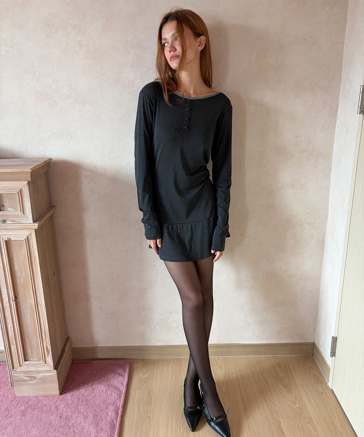 마르제(MARJE) Back ribbon dress Gray