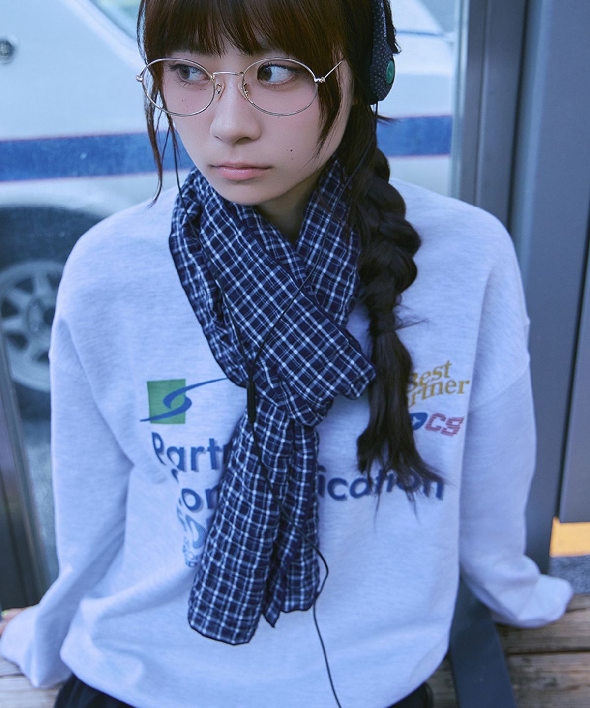 모요라(MOYORA) 빈티지 체크 롱 스카프 [네이비]