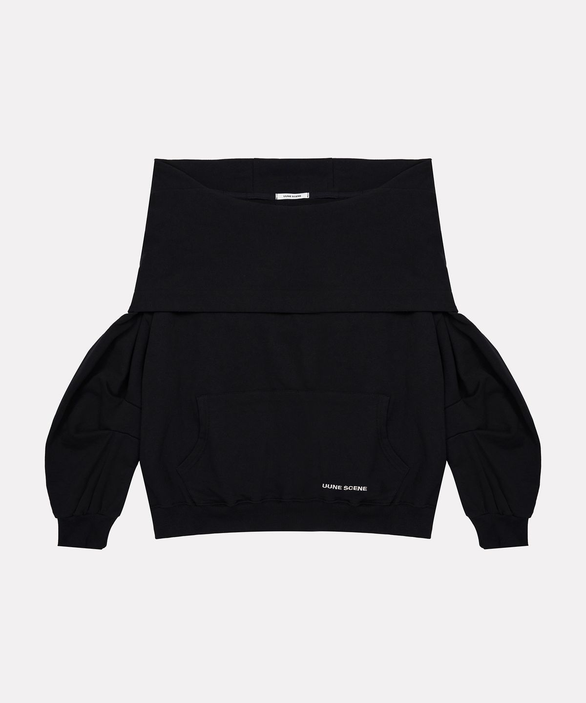 우네씬(UUNE SCENE) Signature Logo Asymmetric Off-Shoulder Hoodie_Black