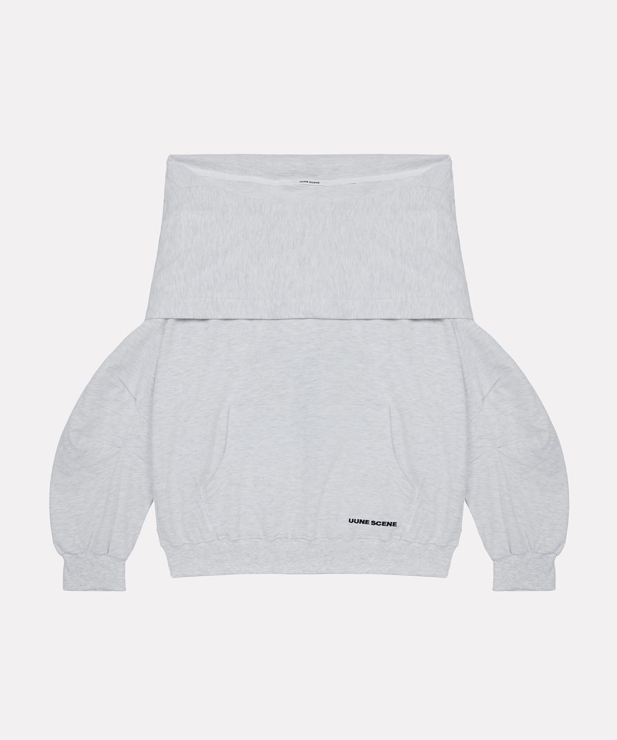 우네씬(UUNE SCENE) Signature Logo Asymmetric Off-Shoulder Hoodie_Light Melange