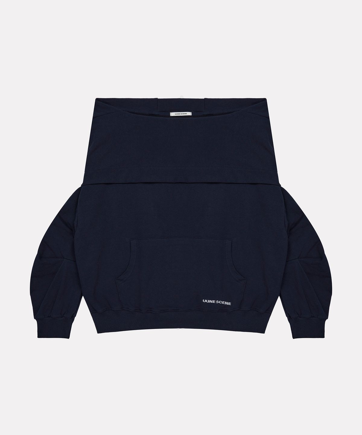 우네씬(UUNE SCENE) Signature Logo Asymmetric Off-Shoulder Hoodie_Navy