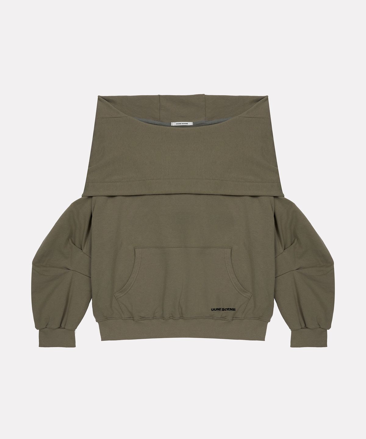우네씬(UUNE SCENE) Signature Logo Asymmetric Off-Shoulder Hoodie_Khaki