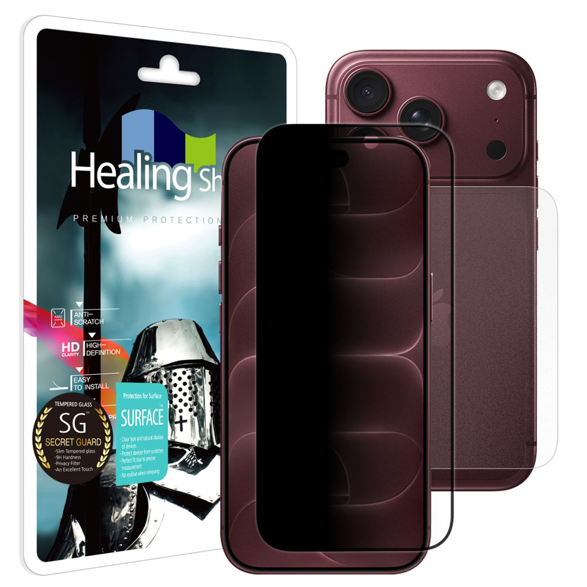 힐링쉴드(HEALINGSHIELD) 아이폰18 프로 3D 풀커버 9H 사생활 정보보안 액정보호 강화유리필름 1매 후면1매