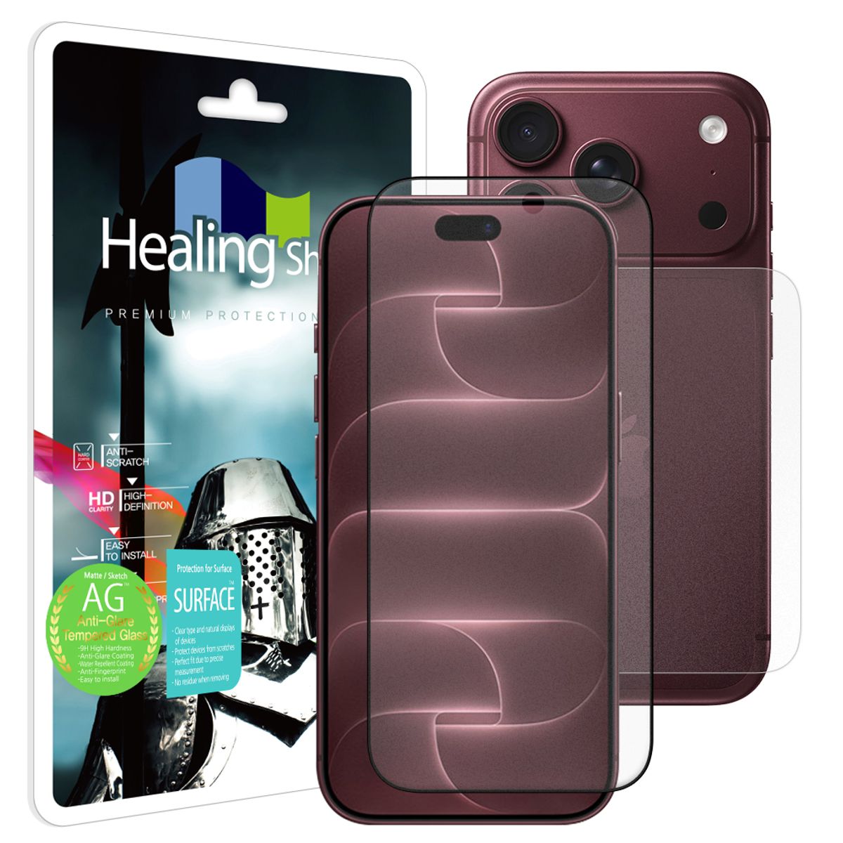 힐링쉴드(HEALINGSHIELD) 아이폰18 프로 3D 풀커버 저반사 강화유리 액정보호필름 1매 후면1매