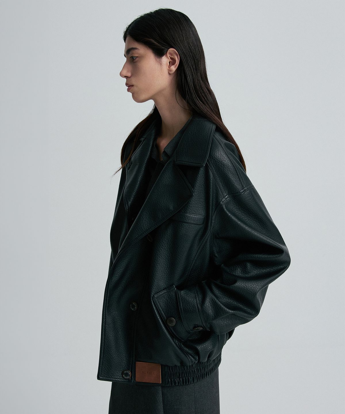 리이(RE RHEE) OVERSIZED LEATHER BOMBER JACKET BLACK